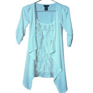 Deb Women's XS 3/4 Length Sleeve Layered Ruffle Lace Cream Colored Top